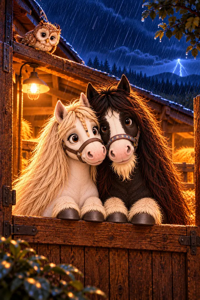 Illustration: Gerry und Johnny schauen in einer Gewitternacht aus der Stalltür, auf dem Dach sitzt die kleine Eule Pip