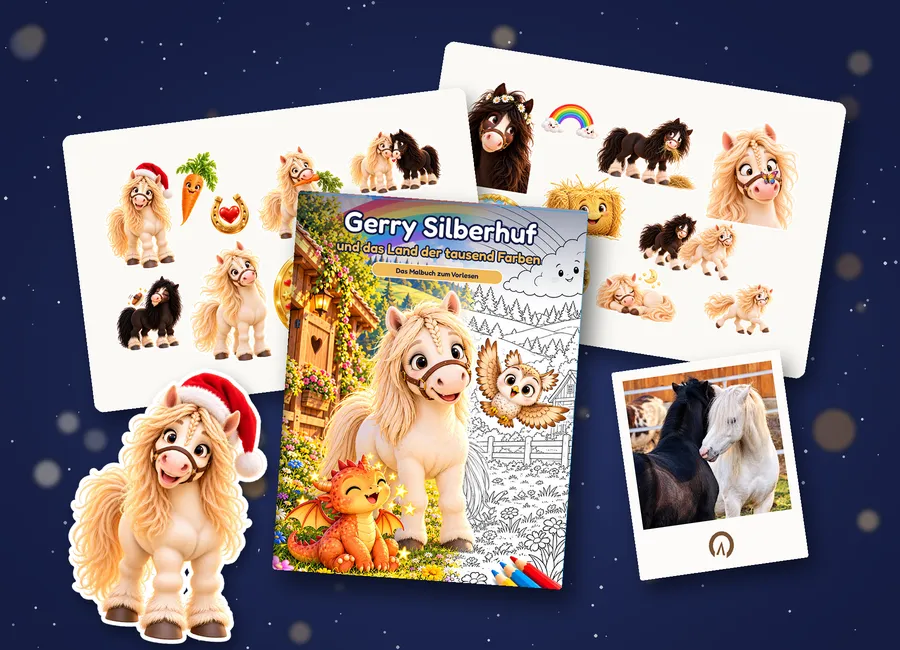 Weihnachtsset: Malbuch, zwei Stickerbögen und ein Foto mit Hufabdruck